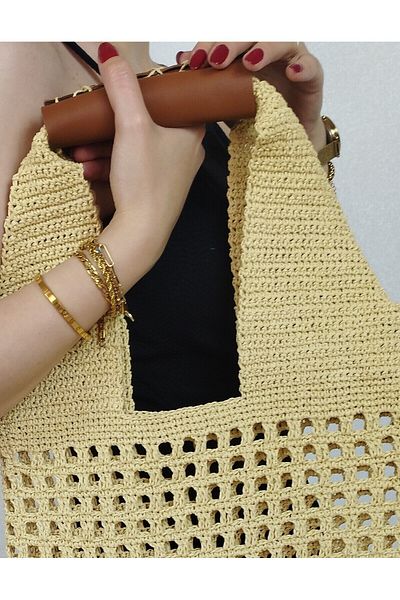 İLKCET MODA Women's Hand Knitted Straw Shoulder Bag