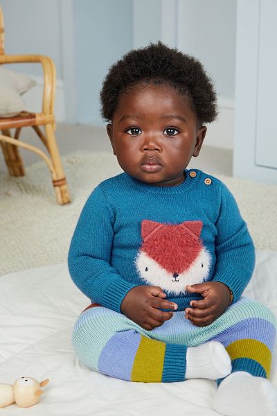 Next Baby 100% Cotton Blue Fox Patterned Knitwear Top and Bottom Set