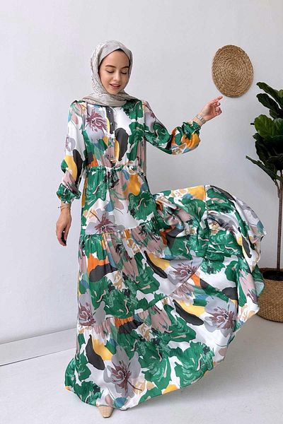 Ka Hijab Floral Satin Dress - Green