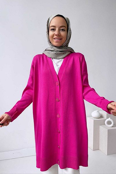 Ka Hijab Button Corded Mercerized Cardigan - Fuchsia