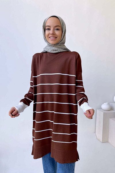 Ka Hijab Crew Neck Striped Mercerized Tunic - Brown