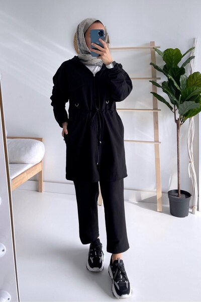 Ka Hijab Zipper Closure Hooded Hijab Set - Black