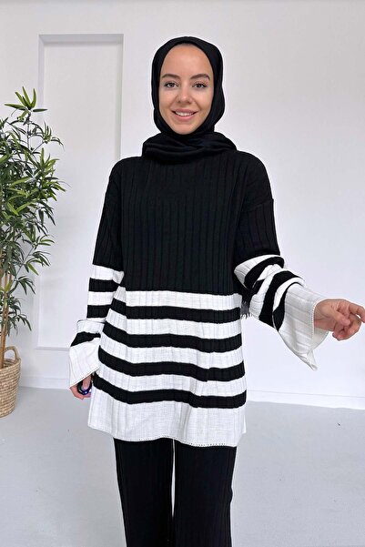 Ka Hijab Set de tricotaje Hijab cu dungi de culoare dublă - negru