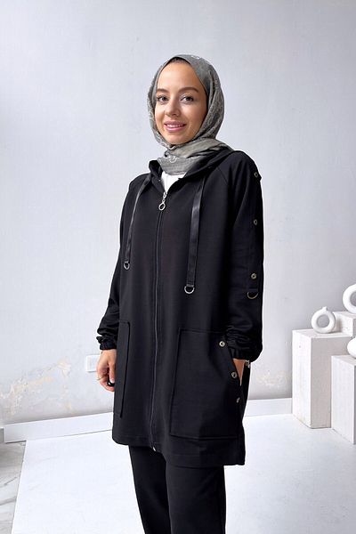 Ka Hijab Button Detailed Hijab Suit - Black