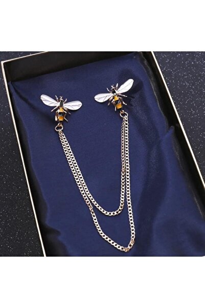ESJ Arı Detay Çift Zincir Yaka Unisex Broş Ebat: 2,2*3,2 Cm Uzun Zincir 29 Cm