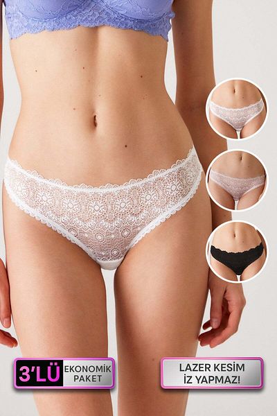 Pierre Cardin Οικονομική συσκευασία 3 - 2841 Model Lace Laser Cut γυναικεία κιλότα, εκρού-σκόνη-μαύρο, δικτυωτό μερικό βαμβάκι