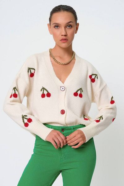 Bisou Women's Ecru Cherry Cardigan