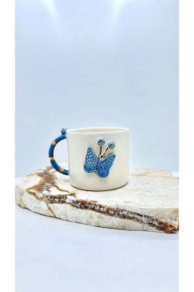 Port Aksesuar Blue Gold Butterfly 24K Gold Decorated Handmade Ceramic Mug 220mL