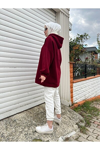 modabetce Extra Oversize Claret Red Basic 3 Thread Cotton Raised Women's Sweatshirt 1003