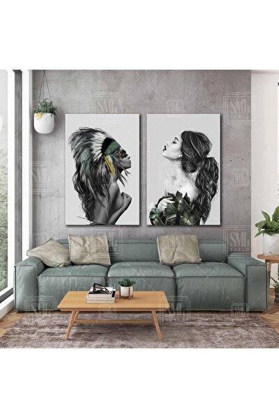 SML TABLO Sırtı Dönük Gözü Kapalı Kızıl Derili Doğa Elbiseli Kadın Makyaj İki...