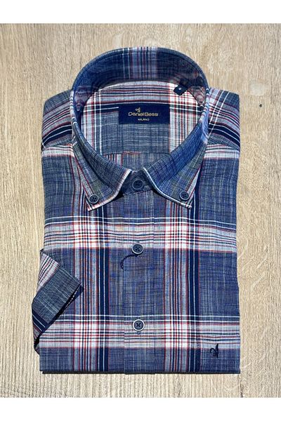 Daniel Bessi Κοντομάνικο κανονική εφαρμογή με τσέπες Red Check Navy Blue Classic Ανδρικό πουκάμισο