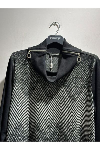 FUAT GÜRSEN Plunging neckline, zigzag patterned, zipper detailed tunic