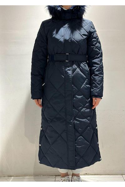 Kayra Diamond Patterned Faux Fur Goose Down Coat A23-27003