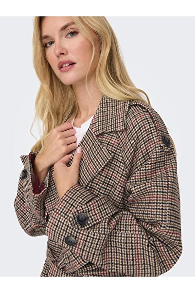 ONLY Kruvaze Yaka Beli Kuşaklı Kaz Ayağı Desenli Trençkot