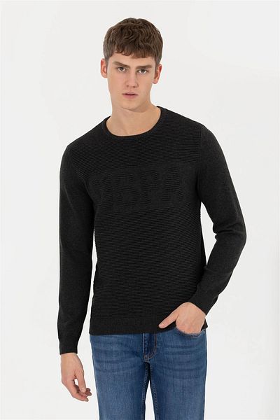 U.S. Polo Assn. KALVE Thin Ribbing USPA Embroidered Standard Fit Anthracite Melange Crew Neck Men's Sweater