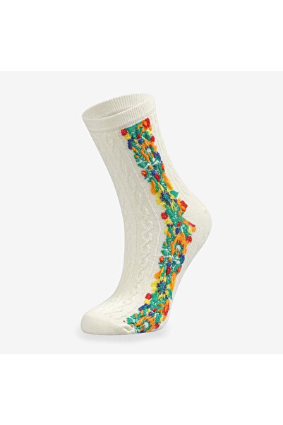 Bolero Embossed Patterned Ethnic Women's Cream Socks