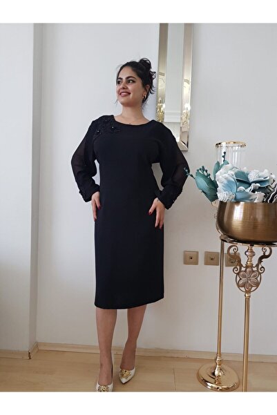 FERGAN Kadın Siyah Nakış Işleme Büyük Beden Abiye Elbise