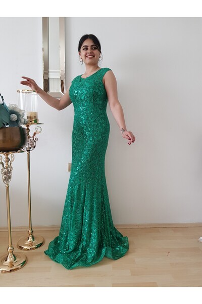 FERGAN Kadın Yeşil Büyük Beden Payet Işleme Balık Abiye Elbise