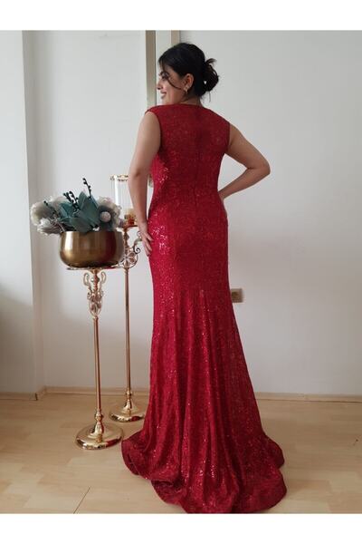 FERGAN Kadın Kırmızı Payet Balık Abiye Elbise