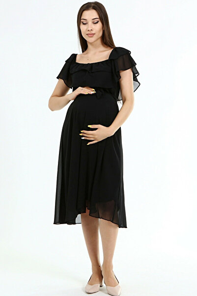 Elbise Delisi Siyah Madonna Fırfır Yaka Büyük Beden Şifon Hamile Elbisesi