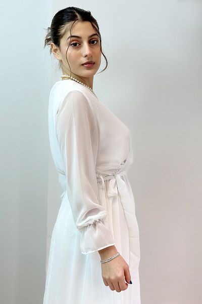 Elbise Delisi Λευκό Μακρύ Φόρεμα με Διπλό Γιακά Σιφόν Plus Size