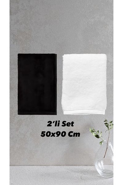 HIZSOY TEKSTİL 2 Piese LUX 50x90Cm Prosop Fata Mana Negru-Alb 300gr/Bucat - Set Avantajos