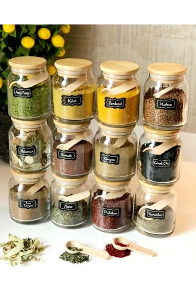 Pembelia Life 12-Piece Labeled 300 ml Spice Set with Bamboo Lid and Spoon Spice Jar Set