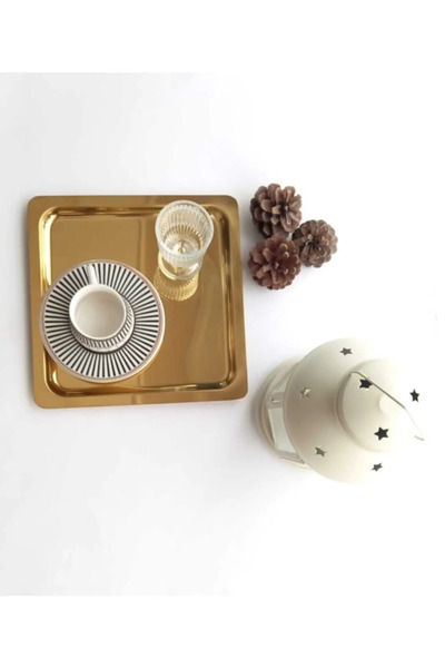 farklı evim Lüx Kare Aksesuarlı /Düz Paslanmaz Çelik 6’lı Kahve, Çay, Dekoratif Sunum Servis Tepsisi