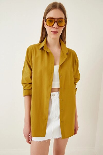 Z GİYİM Women's Mustard Yellow Plain Plain Araboy Basic Oversize Shirt