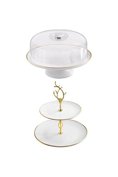 Mabeyn Ceramic Cake Cookie Holder Presentation Plate Set of 2 with Dome