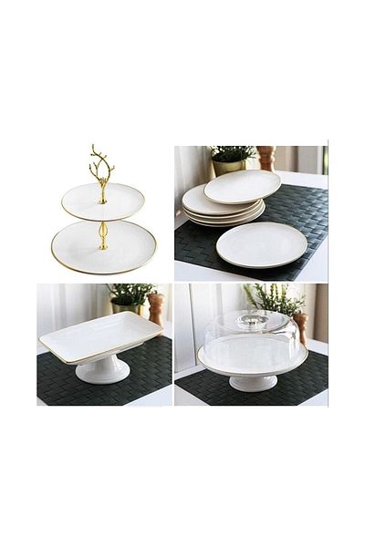 Mabeyn 9 Piece Ceramic Cake Serving Presentation Plate Set with Plastic Jar