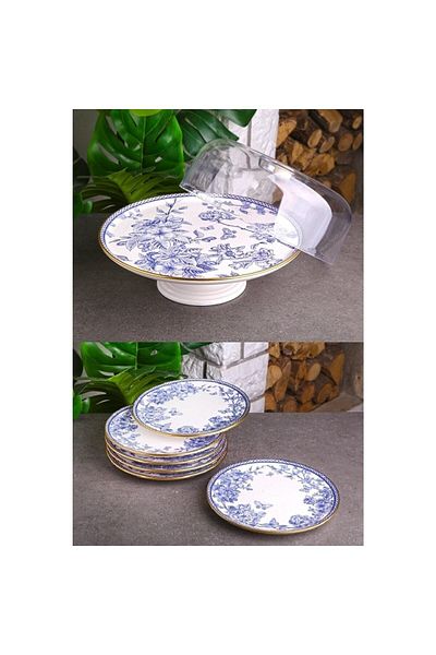 Mabeyn 7 Piece Ceramic Cake Serving Presentation Plate Set with Fan Blue