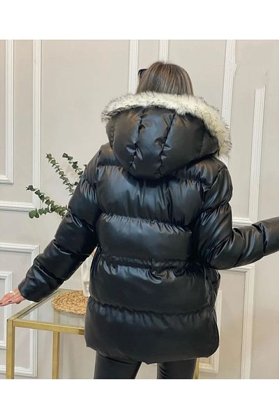 Ekim Store Dámská černá kožená bunda s kapucí na klínu