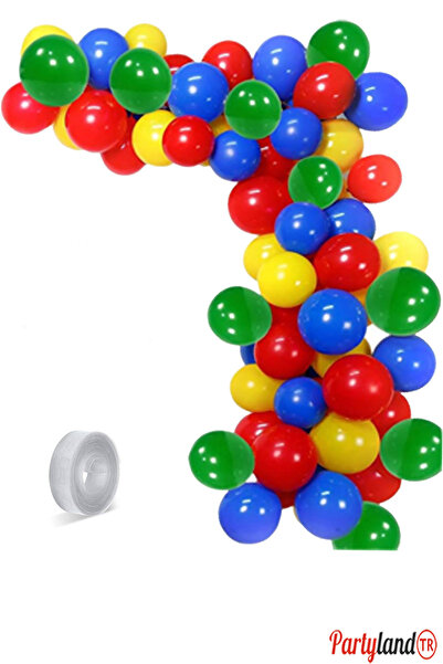 PartylandTR Sarı Kırmızı Koyu Mavi ve Yeşil 75 Balon+5 mt. Balon Zinciri Soni...