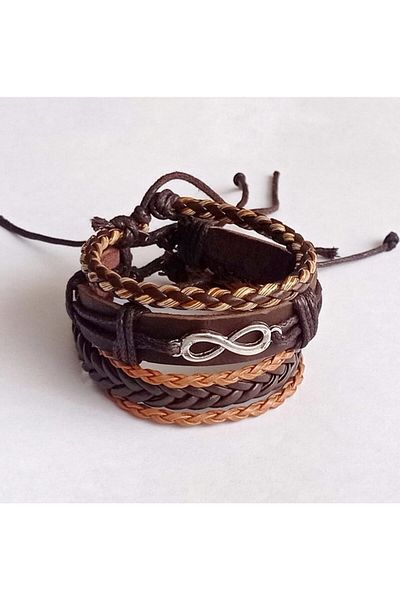 BSN Store 3 Pieces Genuine Leather Bracelet with Infinity Luck Figure