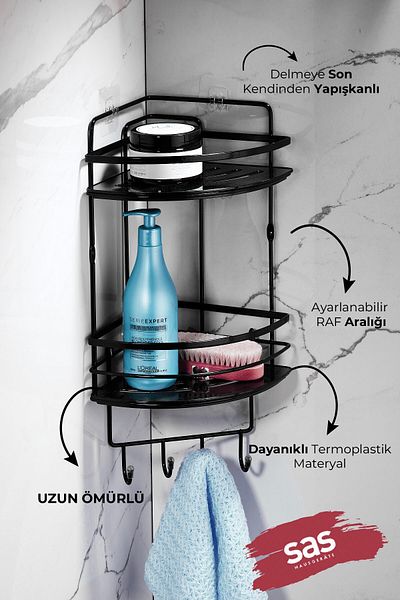 Sas Haus Lifetime Stainless Crystal Hanging Bathroom Organizer - Adhesive Shampoo Holder Corner Holder Lk-02 Sssk