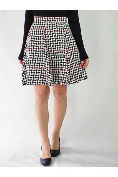 YAXİ Fusta clopot crem cu dungi roșii Claret cu model Houndstooth