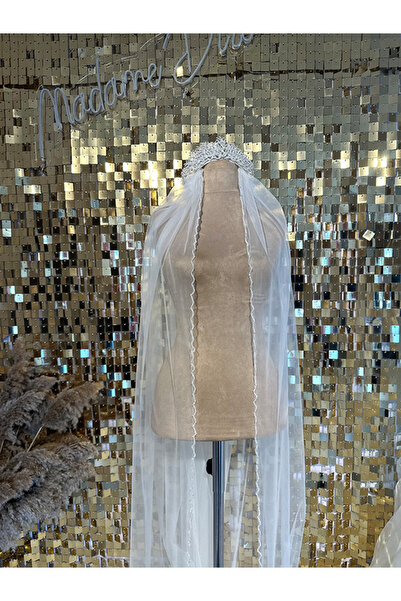 Madame Diza Kenarları Kristal Taş İşlemeli İpek Uzun Duvak