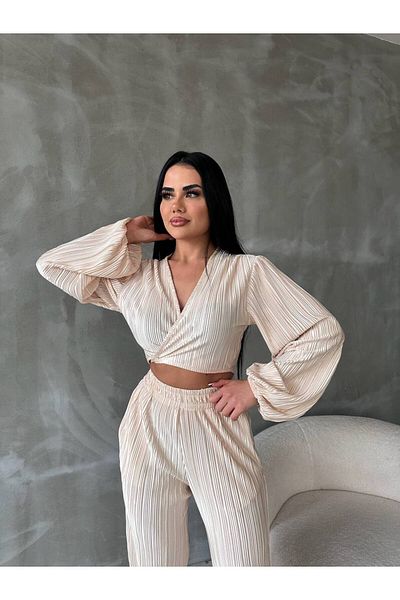 bymaestro woman Κρεμ δεμένη μπλούζα Παντελόνι Πλισέ Σετ