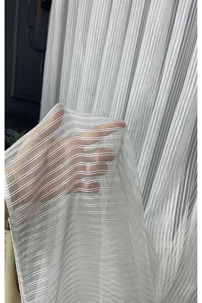 Yuka Vertical Striped Silver Striped 1/3 Close Pleat Ecru Tulle Curtain Non-Wrinkle No Ironing Skirt with Lead