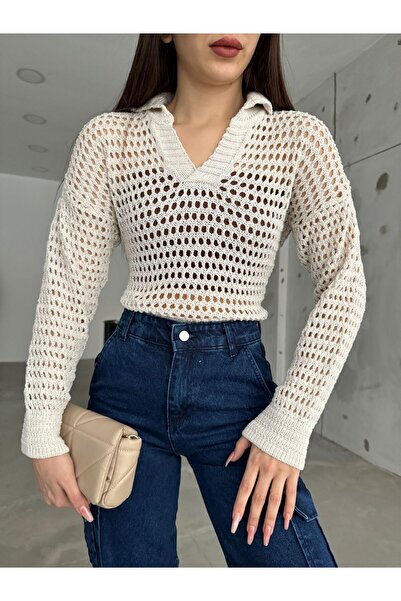 MODAMERSİ بلوزة تريكو مخرمة بياقة بولو كريمية نسائية