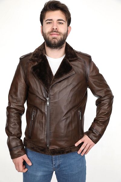 EGE DERİ Men's Brown Coat with Fur Inside