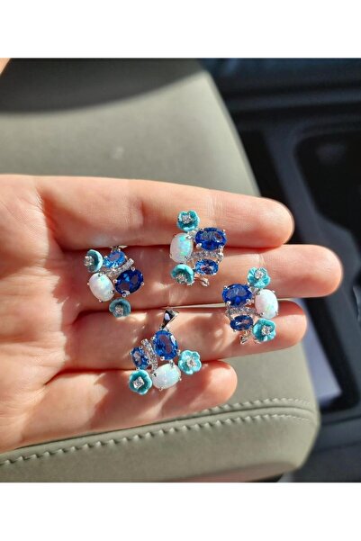MorMajor Silver İTHAL OPAL MAVİ ÇİÇEKLİ TASARIM GÜMÜŞ SET
