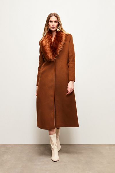 Sateen Collar Fur Long Coat - BROWN