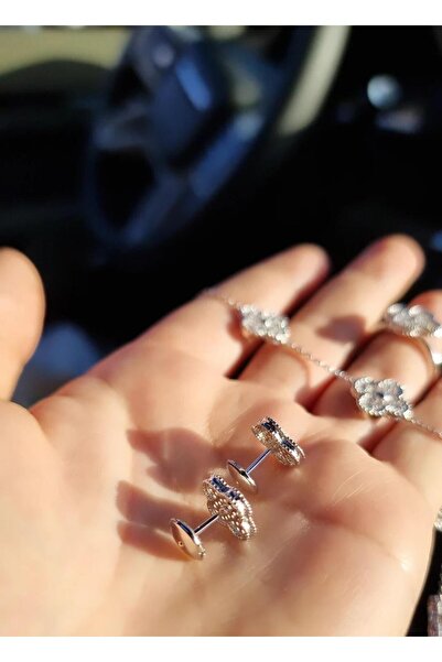 MorMajor Silver ÇİFT İTHAL YONCA CLOVER TAŞLI BEYAZ GÜMÜŞ KÜPE