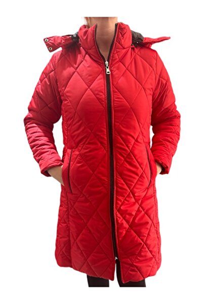 olinda butik Kapitone Desenli Kapüşonlu Uzun Mont