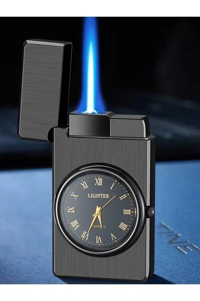 funshop Saatli Çakmak Yeni Model Yeni Nesil Turbo Gazlı Rüzgarda Sönmez Turbo Gazlı Çakmak Siyah Renk Saatli