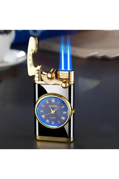 funshop Saatli Çift Ateşli Yeni Model Çakmak Rüzgarda Sönmez Metal Gövde