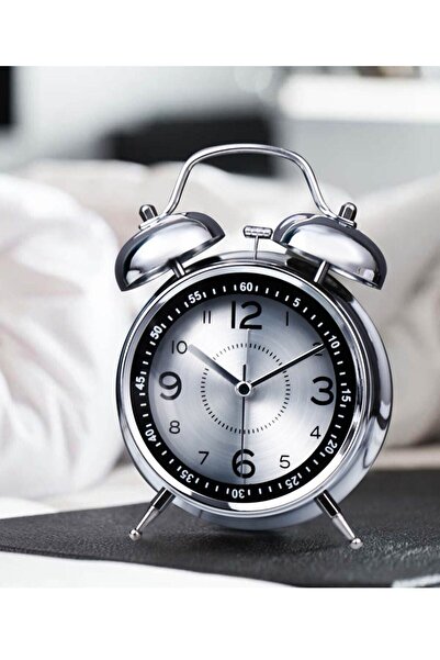 funshop Güçlü Alarm Sesi Akar Mekanizmalı Nostaljik Gümüş Metal Işıklı Çift Ç...