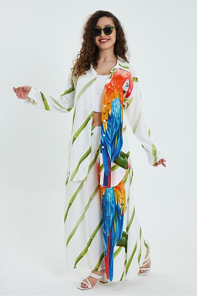 pumpkin woman Women's Mustard Striped Parrot Printed Double Viscose Set